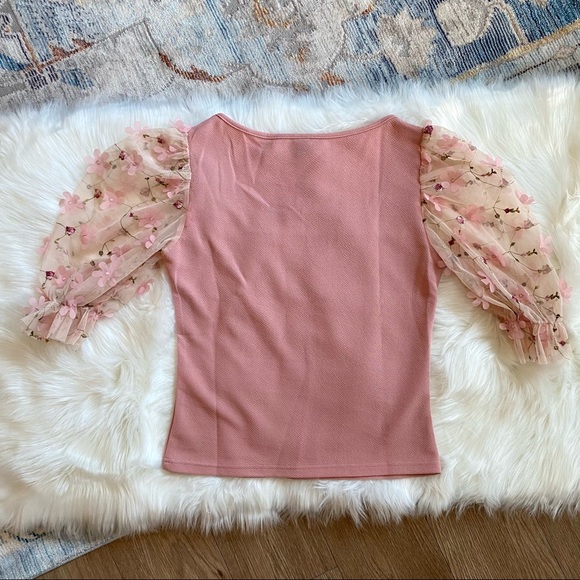 NWOT SHEIN Size M Square Neck Tulle Puff Sleeve Blouse Pink 3D Floral appliqués - Picture 4 of 11